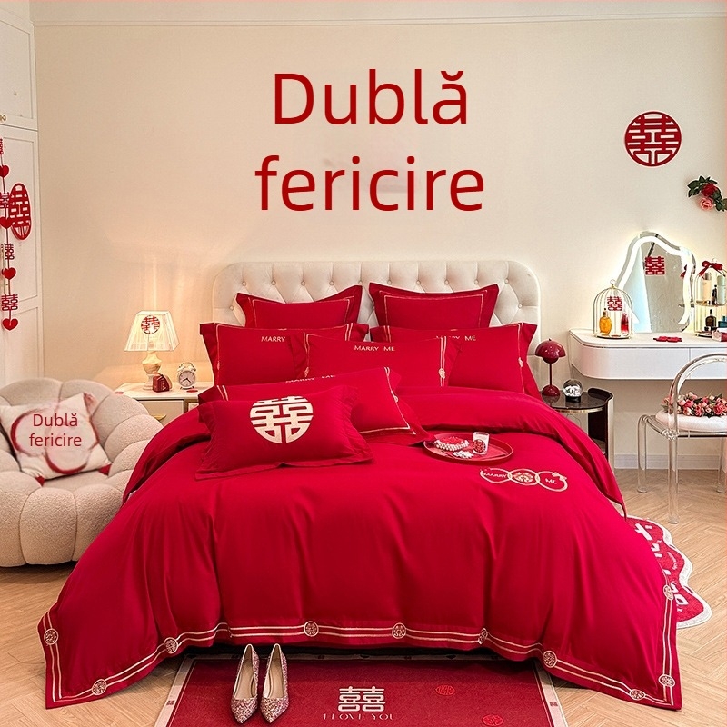 Set de pat în stil chinezesc pentru nuntă, patru piese, broderie roșie, husă de pilotă și cearșafuri pentru proaspăt căsătoriți