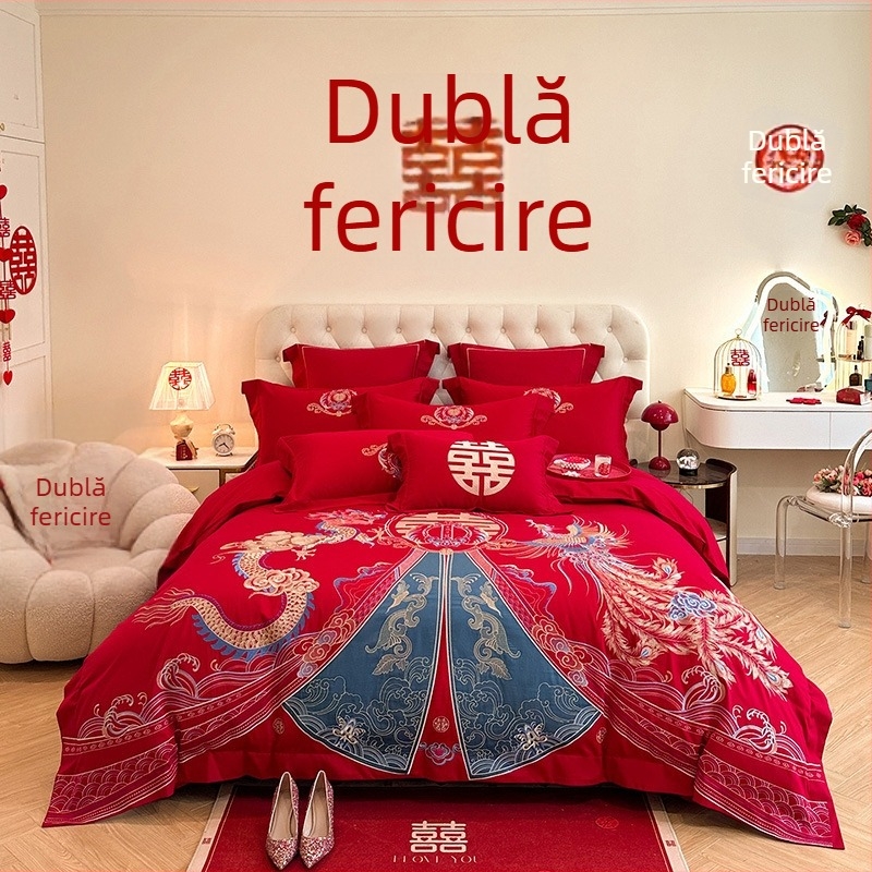 Set de pat în stil chinezesc pentru nuntă, patru piese, broderie roșie, husă de pilotă și cearșafuri pentru proaspăt căsătoriți