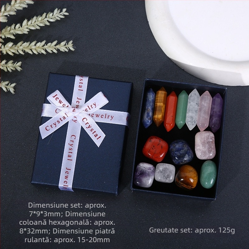 Cristale naturale multicolore în coloană hexagonală, în formă de inimă - set de mostre mineralogice într-o cutie cadou