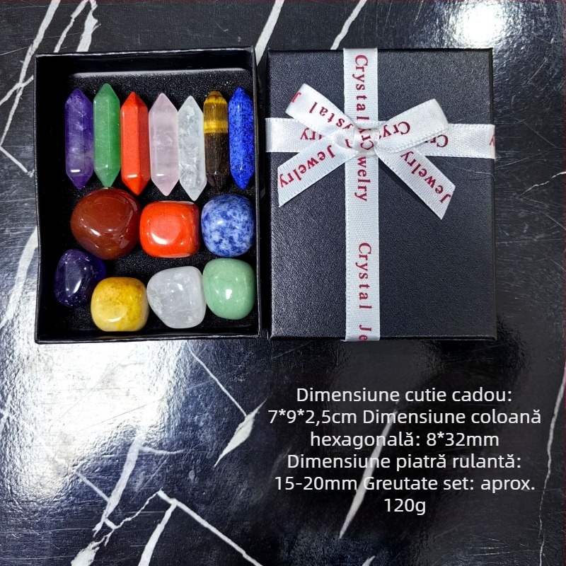 Cristale naturale multicolore în coloană hexagonală, în formă de inimă - set de mostre mineralogice într-o cutie cadou