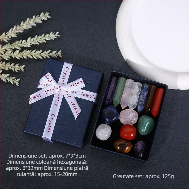 Cristale naturale multicolore în coloană hexagonală, în formă de inimă - set de mostre mineralogice într-o cutie cadou