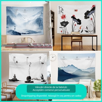 Tapiserie de perete cu peisaj în stil chinezesc retro, pentru living și dormitor; Material: 100% poliester; Stil: Clasic Nou; Proces: transfer termic digital; Model: Peisaj; Formă: Dreptunghi