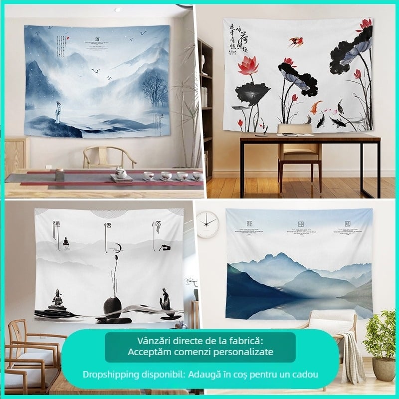 Tapiserie de perete cu peisaj în stil chinezesc retro, pentru living și dormitor; Material: 100% poliester; Stil: Clasic Nou; Proces: transfer termic digital; Model: Peisaj; Formă: Dreptunghi