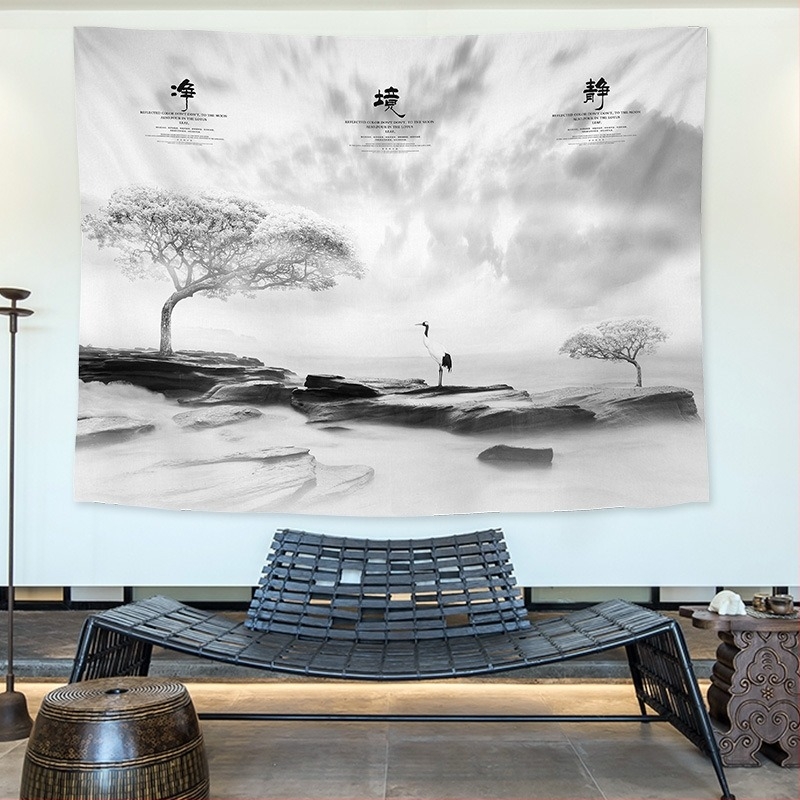 Tapiserie de perete cu peisaj în stil chinezesc retro, pentru living și dormitor; Material: 100% poliester; Stil: Clasic Nou; Proces: transfer termic digital; Model: Peisaj; Formă: Dreptunghi
