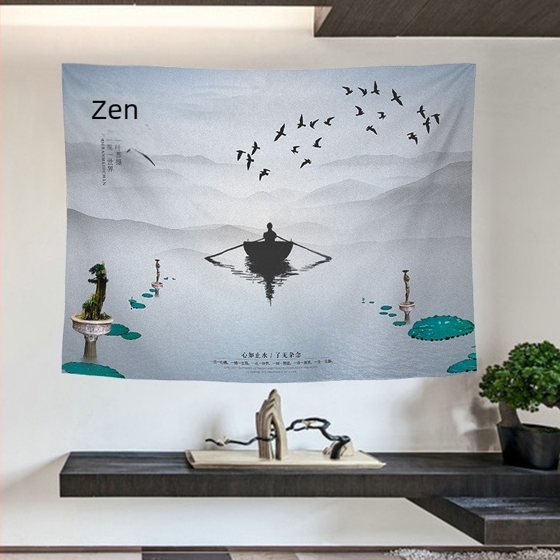 Tapiserie de perete cu peisaj în stil chinezesc retro, pentru living și dormitor; Material: 100% poliester; Stil: Clasic Nou; Proces: transfer termic digital; Model: Peisaj; Formă: Dreptunghi