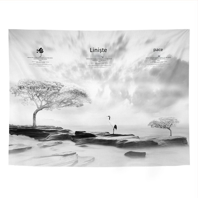 Tapiserie de perete cu peisaj în stil chinezesc retro, pentru living și dormitor; Material: 100% poliester; Stil: Clasic Nou; Proces: transfer termic digital; Model: Peisaj; Formă: Dreptunghi