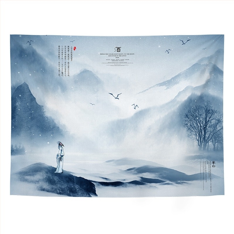 Tapiserie de perete cu peisaj în stil chinezesc retro, pentru living și dormitor; Material: 100% poliester; Stil: Clasic Nou; Proces: transfer termic digital; Model: Peisaj; Formă: Dreptunghi