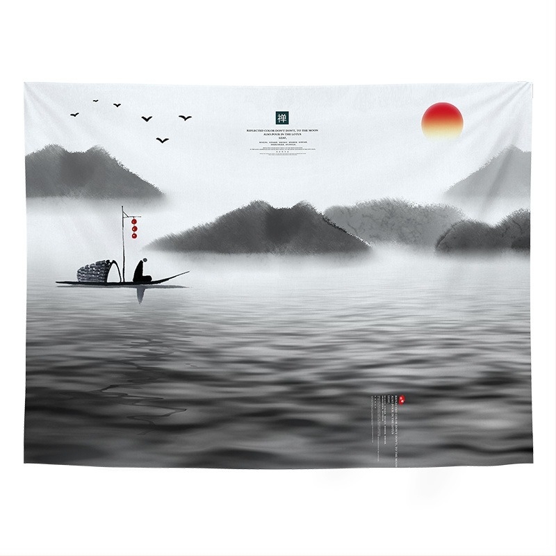 Tapiserie de perete cu peisaj în stil chinezesc retro, pentru living și dormitor; Material: 100% poliester; Stil: Clasic Nou; Proces: transfer termic digital; Model: Peisaj; Formă: Dreptunghi