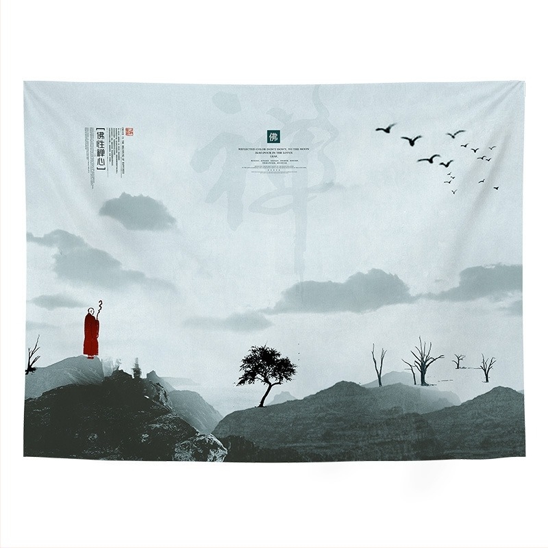 Tapiserie de perete cu peisaj în stil chinezesc retro, pentru living și dormitor; Material: 100% poliester; Stil: Clasic Nou; Proces: transfer termic digital; Model: Peisaj; Formă: Dreptunghi