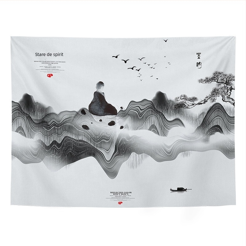 Tapiserie de perete cu peisaj în stil chinezesc retro, pentru living și dormitor; Material: 100% poliester; Stil: Clasic Nou; Proces: transfer termic digital; Model: Peisaj; Formă: Dreptunghi
