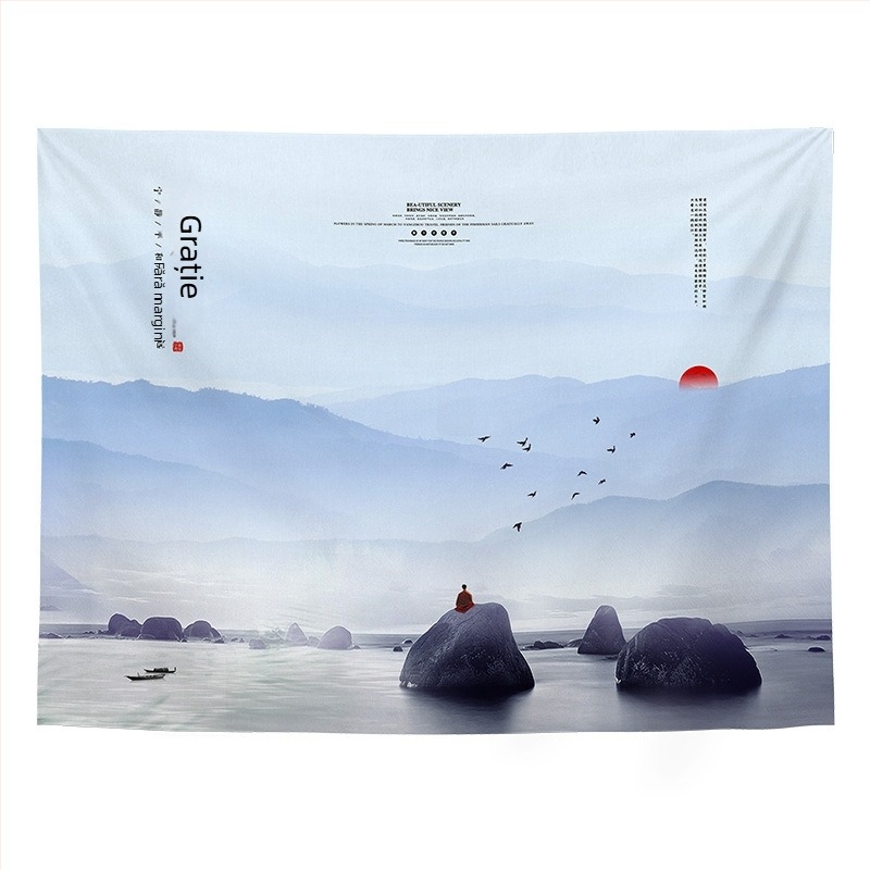 Tapiserie de perete cu peisaj în stil chinezesc retro, pentru living și dormitor; Material: 100% poliester; Stil: Clasic Nou; Proces: transfer termic digital; Model: Peisaj; Formă: Dreptunghi