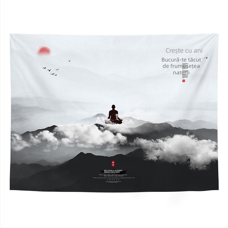 Tapiserie de perete cu peisaj în stil chinezesc retro, pentru living și dormitor; Material: 100% poliester; Stil: Clasic Nou; Proces: transfer termic digital; Model: Peisaj; Formă: Dreptunghi