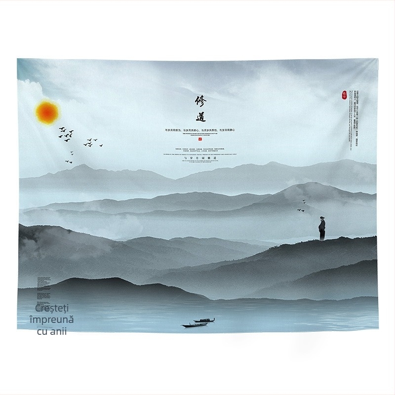 Tapiserie de perete cu peisaj în stil chinezesc retro, pentru living și dormitor; Material: 100% poliester; Stil: Clasic Nou; Proces: transfer termic digital; Model: Peisaj; Formă: Dreptunghi