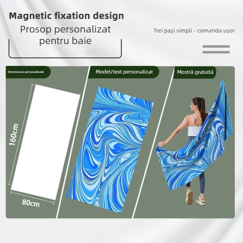 Prosop magnetic din microfibră, 200–300 g, 16 fire, cusută la margine, destinat drumețiilor, fitnessului, campingului, plajei și înotului