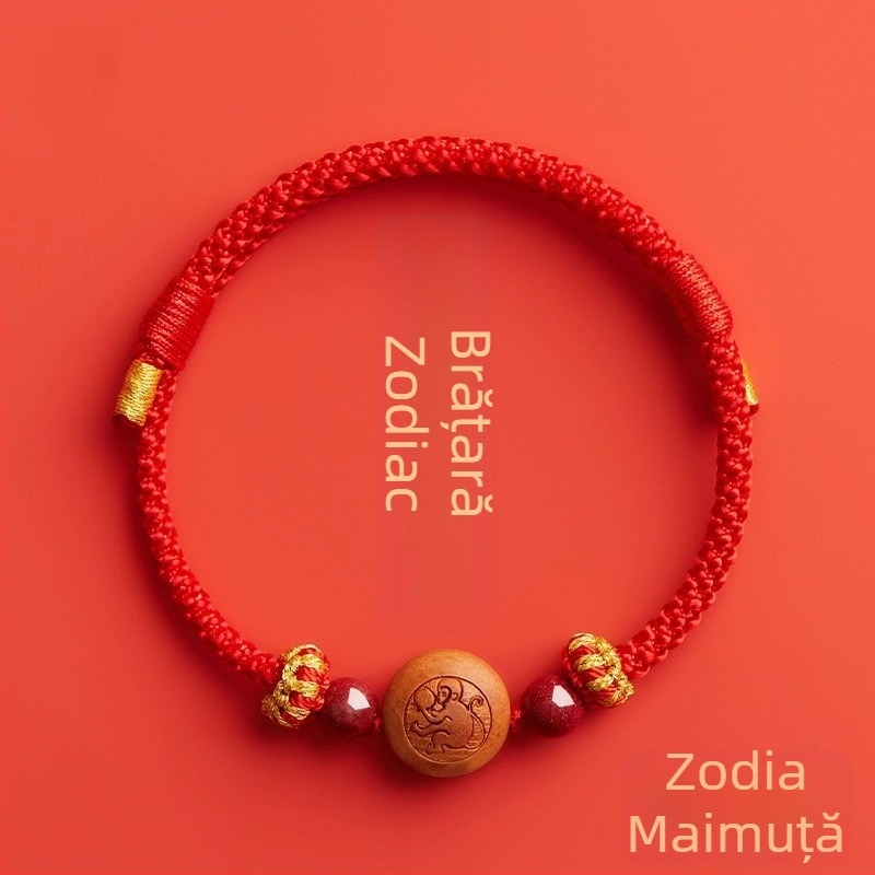 Brățară pentru copii din cinnabar, țesută manual, în stil etnic, cu motiv animal/zodiac