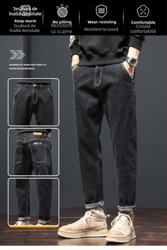Pantaloni din denim cu căptușeală de fleece, croială dreaptă cu design larg pentru toamnă–iarna – moderne, versatile, casual.