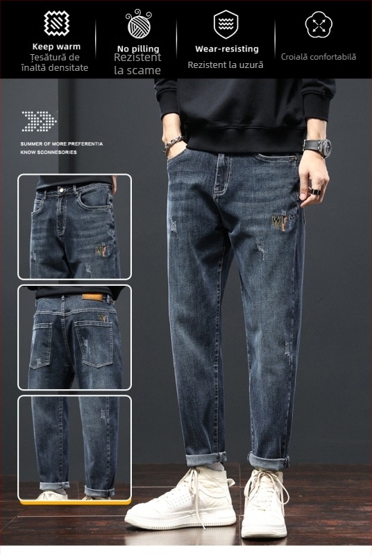 Pantaloni din denim cu căptușeală de fleece, croială dreaptă cu design larg pentru toamnă–iarna – moderne, versatile, casual.