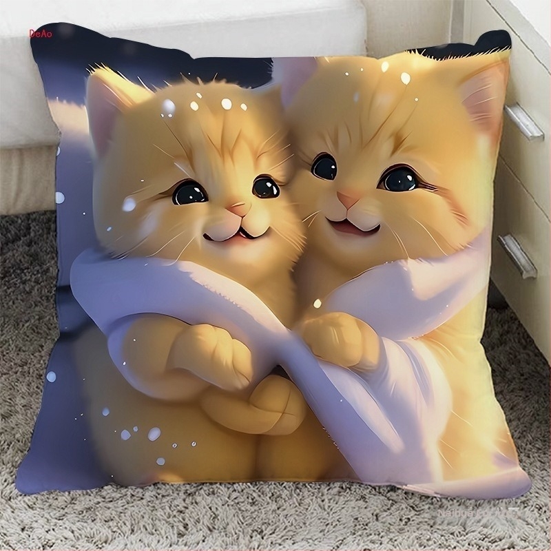 Perna cu husă de pluș, umplutură PP bumbac, formă pătrată, design pisicuță drăguță pentru canapea, sufragerie și birou