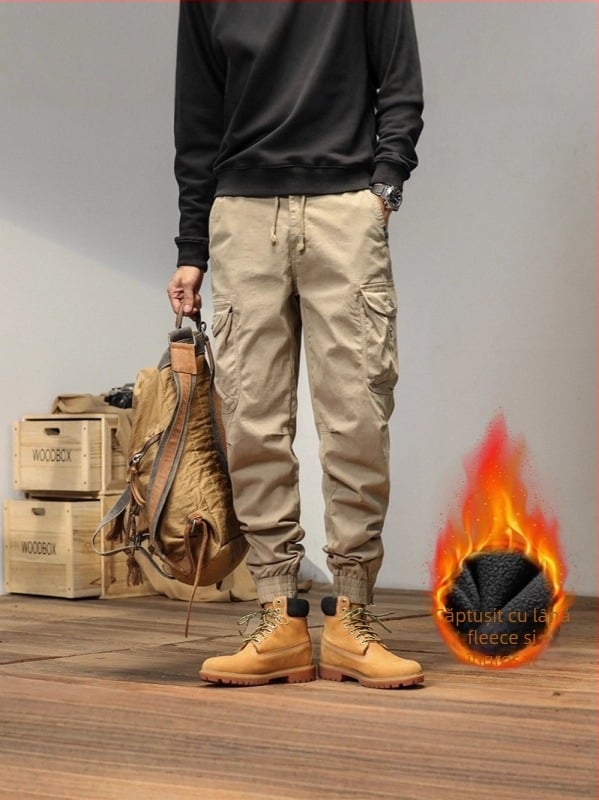 Pantaloni cargo pentru bărbați, căptușiți cu fleece, groși pentru toamnă și iarnă, croială dreaptă, stil casual, inspirați de design japonez