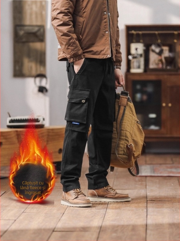 Pantaloni cargo pentru bărbați, căptușiți cu fleece, groși pentru toamnă și iarnă, croială dreaptă, stil casual, inspirați de design japonez