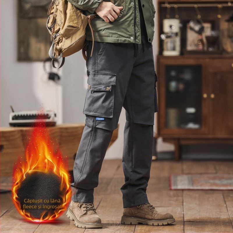 Pantaloni cargo pentru bărbați, căptușiți cu fleece, groși pentru toamnă și iarnă, croială dreaptă, stil casual, inspirați de design japonez