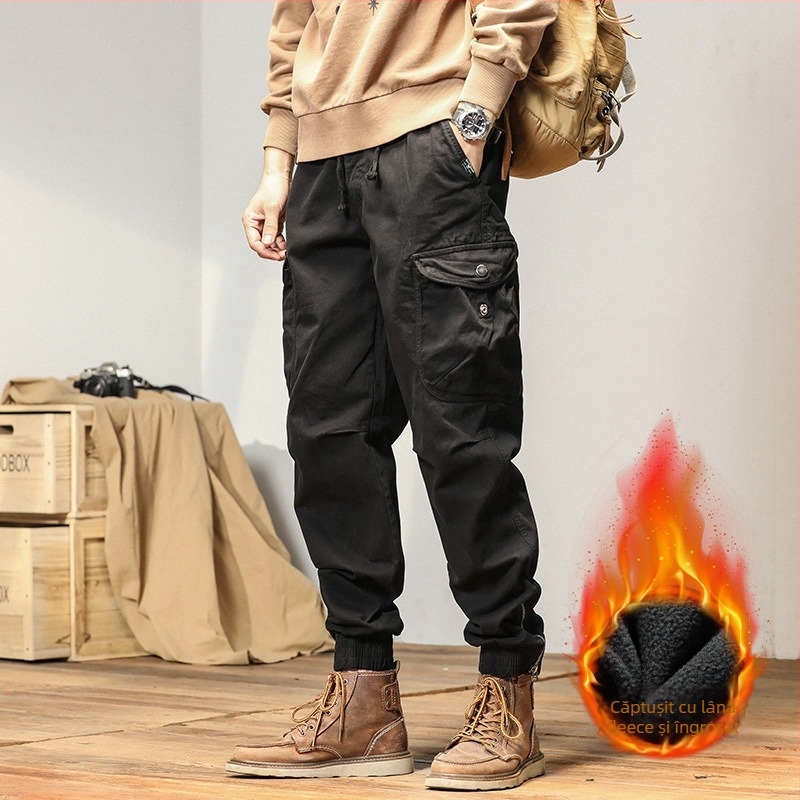 Pantaloni cargo pentru bărbați, căptușiți cu fleece, groși pentru toamnă și iarnă, croială dreaptă, stil casual, inspirați de design japonez