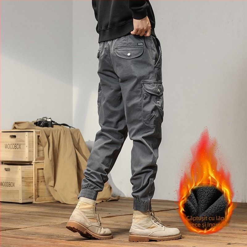 Pantaloni cargo pentru bărbați, căptușiți cu fleece, groși pentru toamnă și iarnă, croială dreaptă, stil casual, inspirați de design japonez