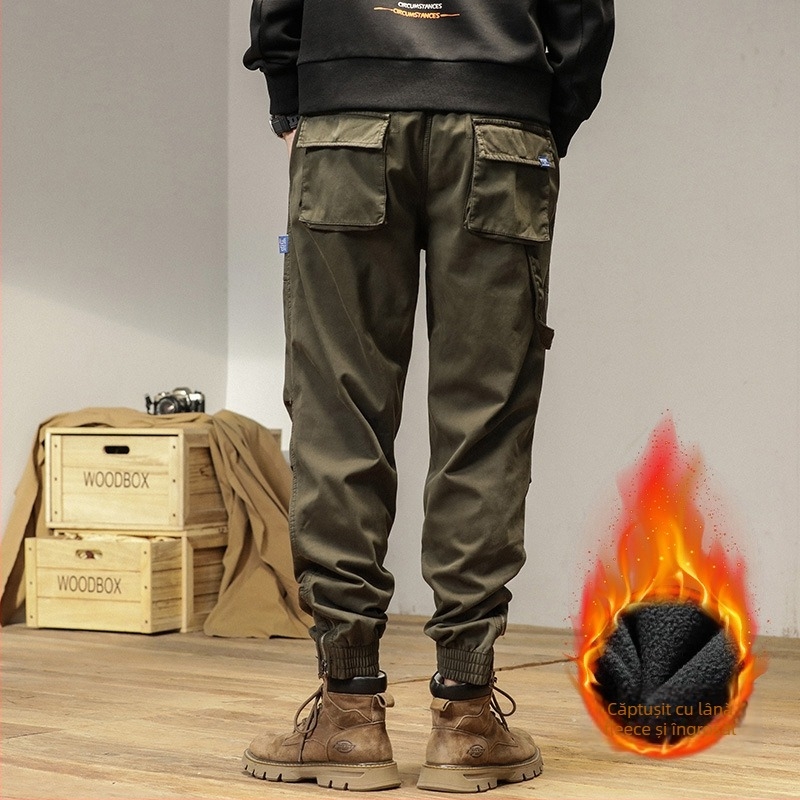 Pantaloni cargo pentru bărbați, căptușiți cu fleece, groși pentru toamnă și iarnă, croială dreaptă, stil casual, inspirați de design japonez