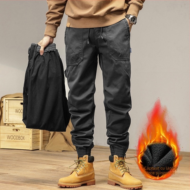 Pantaloni cargo pentru bărbați, căptușiți cu fleece, groși pentru toamnă și iarnă, croială dreaptă, stil casual, inspirați de design japonez