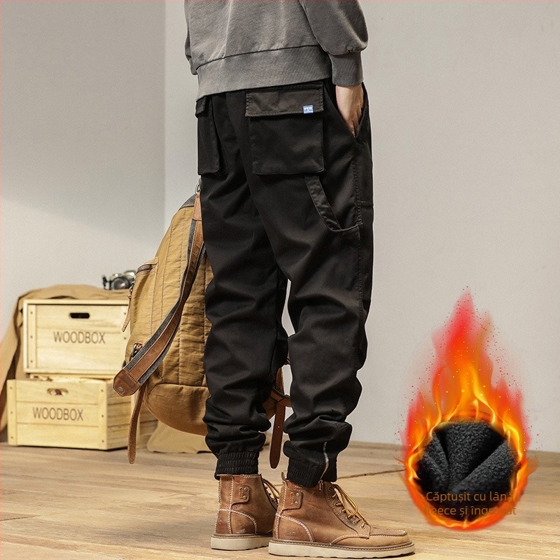 Pantaloni cargo pentru bărbați, căptușiți cu fleece, groși pentru toamnă și iarnă, croială dreaptă, stil casual, inspirați de design japonez