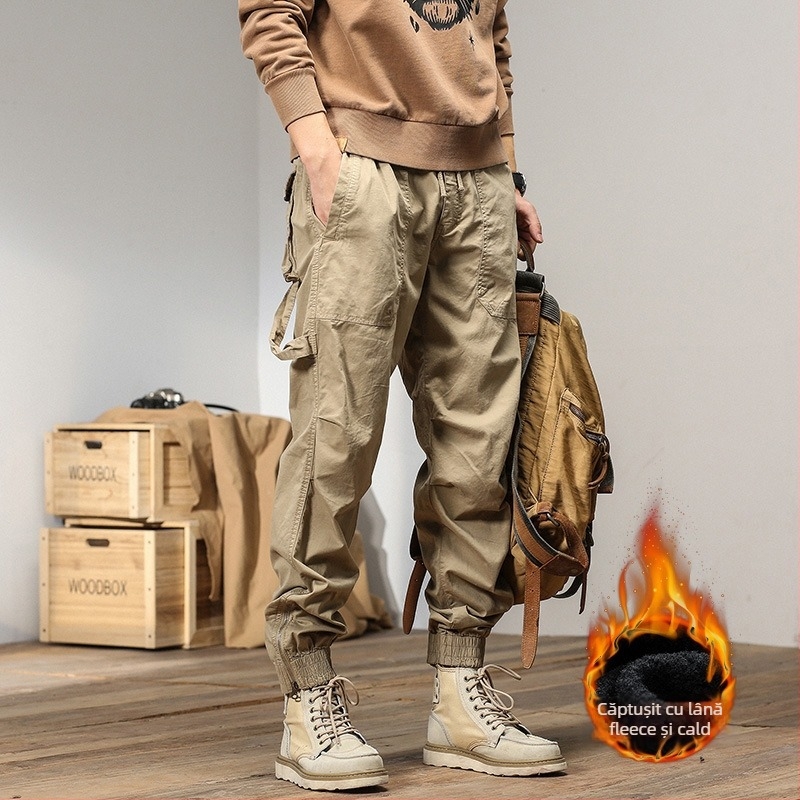 Pantaloni cargo pentru bărbați, căptușiți cu fleece, groși pentru toamnă și iarnă, croială dreaptă, stil casual, inspirați de design japonez