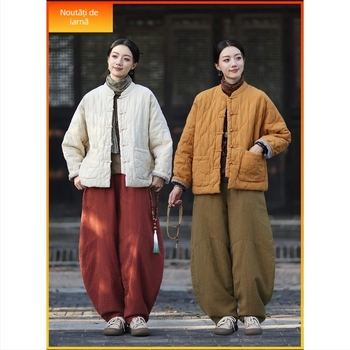 Geacă feminină în stil budist, cu influență chinezească națională, amestec ramie-cotton, căptușită cu bumbac, croială matlasată, iarnă 2025