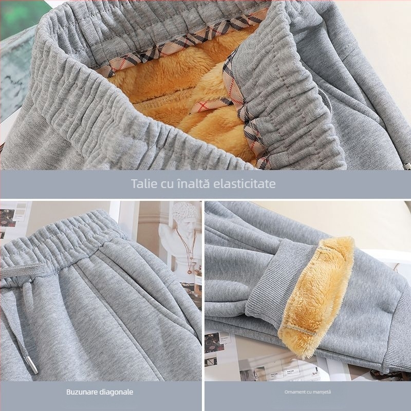 Pantaloni trening damă stil hamăr, căptușiți cu fleece, țesătură din lână, 50-70% lână, croială lejeră, iarnă 2025