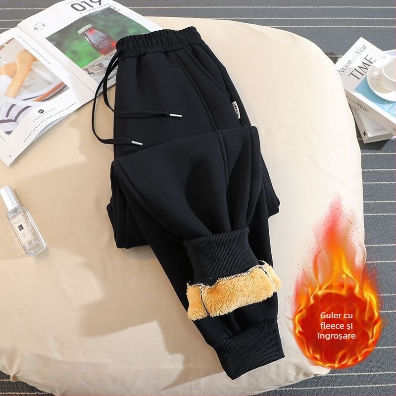 Pantaloni trening damă stil hamăr, căptușiți cu fleece, țesătură din lână, 50-70% lână, croială lejeră, iarnă 2025