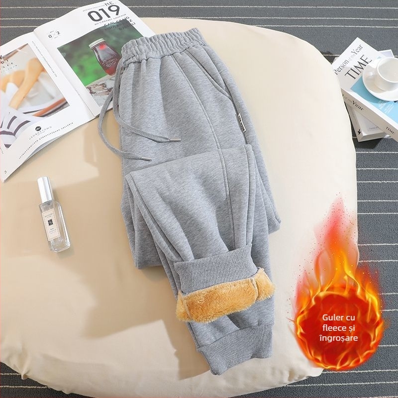 Pantaloni trening damă stil hamăr, căptușiți cu fleece, țesătură din lână, 50-70% lână, croială lejeră, iarnă 2025