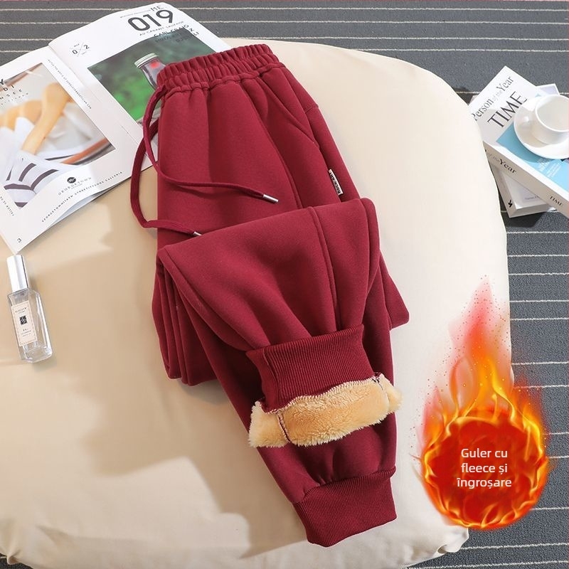 Pantaloni trening damă stil hamăr, căptușiți cu fleece, țesătură din lână, 50-70% lână, croială lejeră, iarnă 2025