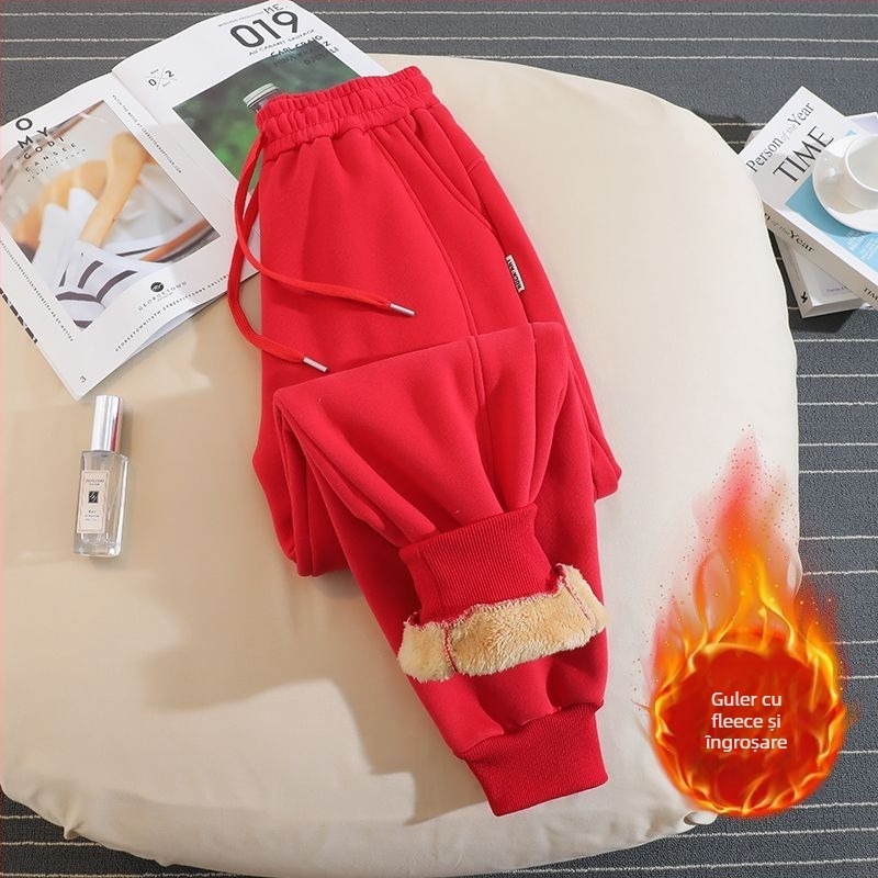 Pantaloni trening damă stil hamăr, căptușiți cu fleece, țesătură din lână, 50-70% lână, croială lejeră, iarnă 2025