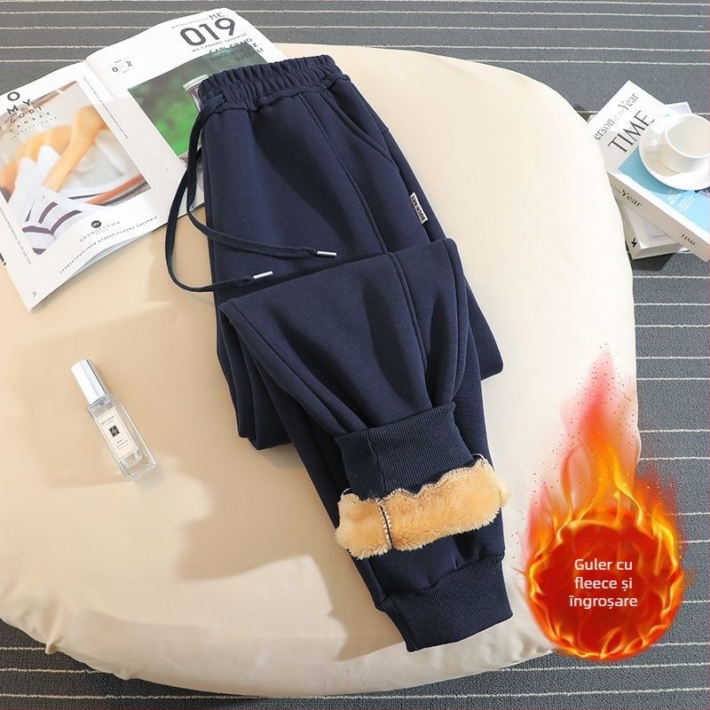 Pantaloni trening damă stil hamăr, căptușiți cu fleece, țesătură din lână, 50-70% lână, croială lejeră, iarnă 2025