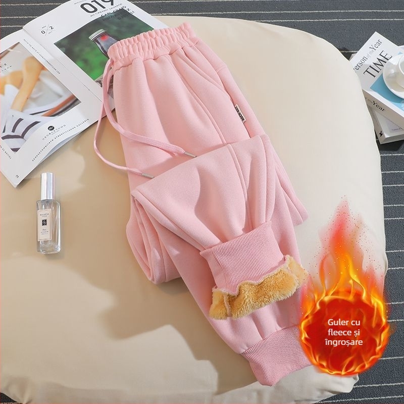 Pantaloni trening damă stil hamăr, căptușiți cu fleece, țesătură din lână, 50-70% lână, croială lejeră, iarnă 2025