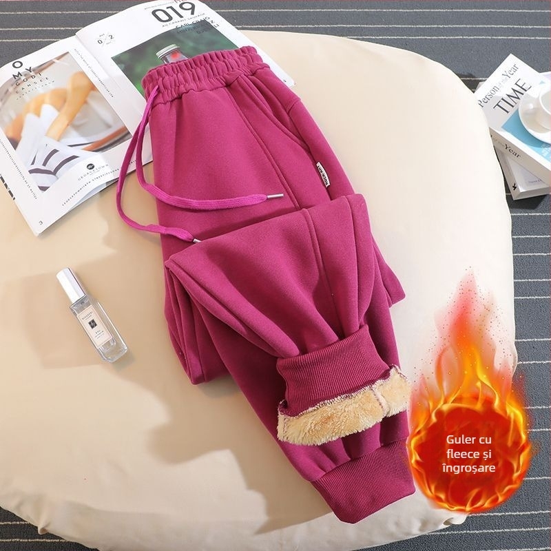 Pantaloni trening damă stil hamăr, căptușiți cu fleece, țesătură din lână, 50-70% lână, croială lejeră, iarnă 2025