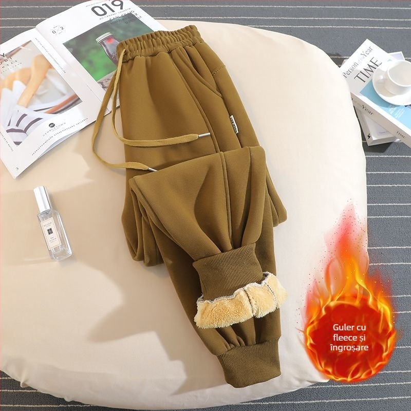 Pantaloni trening damă stil hamăr, căptușiți cu fleece, țesătură din lână, 50-70% lână, croială lejeră, iarnă 2025