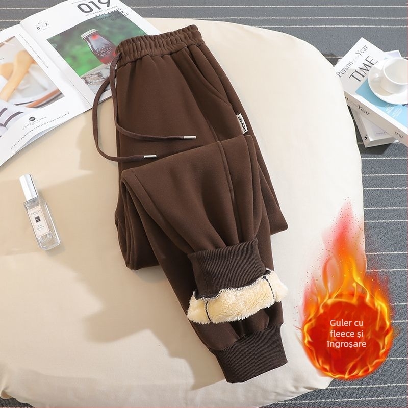 Pantaloni trening damă stil hamăr, căptușiți cu fleece, țesătură din lână, 50-70% lână, croială lejeră, iarnă 2025