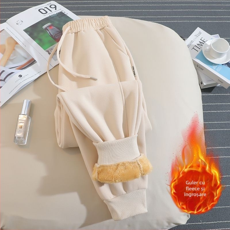 Pantaloni trening damă stil hamăr, căptușiți cu fleece, țesătură din lână, 50-70% lână, croială lejeră, iarnă 2025