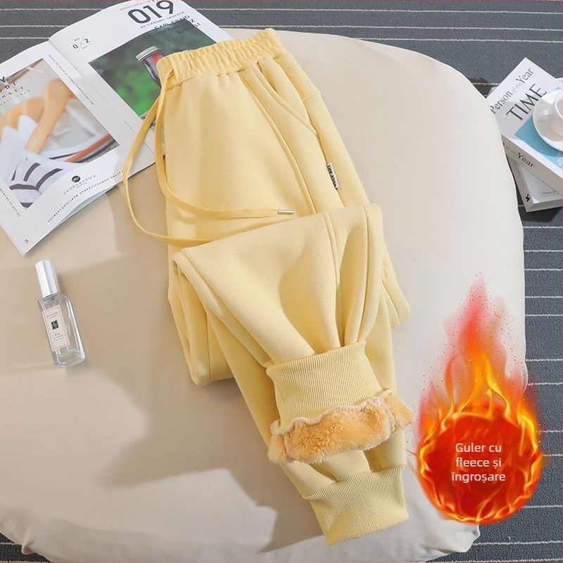 Pantaloni trening damă stil hamăr, căptușiți cu fleece, țesătură din lână, 50-70% lână, croială lejeră, iarnă 2025