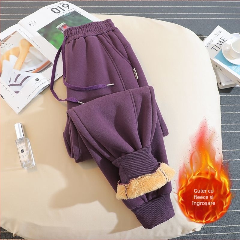 Pantaloni trening damă stil hamăr, căptușiți cu fleece, țesătură din lână, 50-70% lână, croială lejeră, iarnă 2025