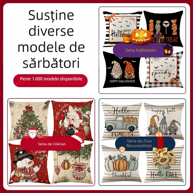 Husă pentru pernă - pluș scurt, model desen animat, imprimare, stil Crăciun