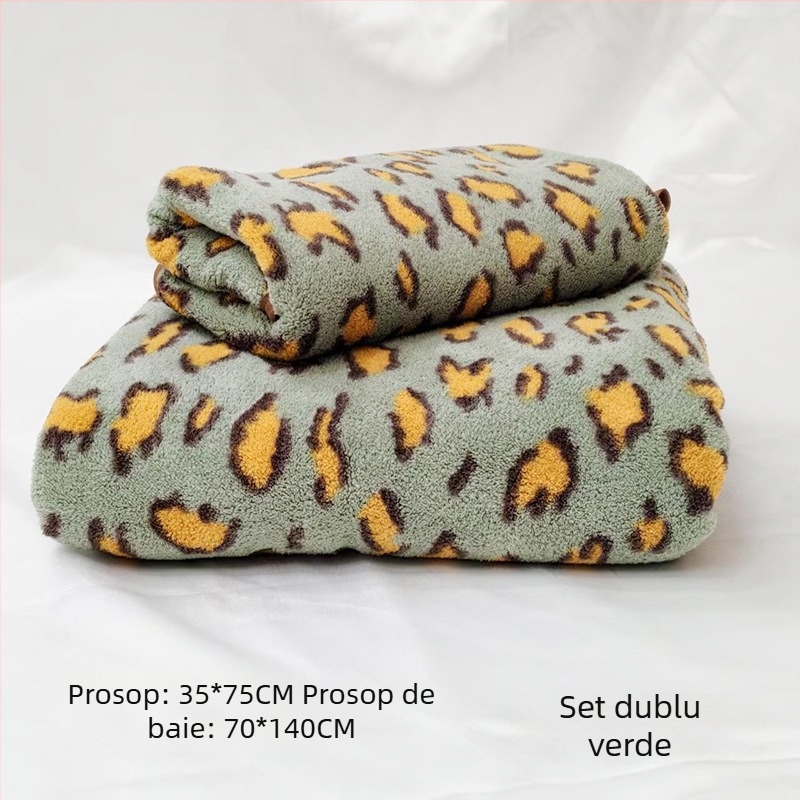 Prosop de baie din fleece coral cu imprimeu leopard, cu design de agățare, sub 100 g, 150D