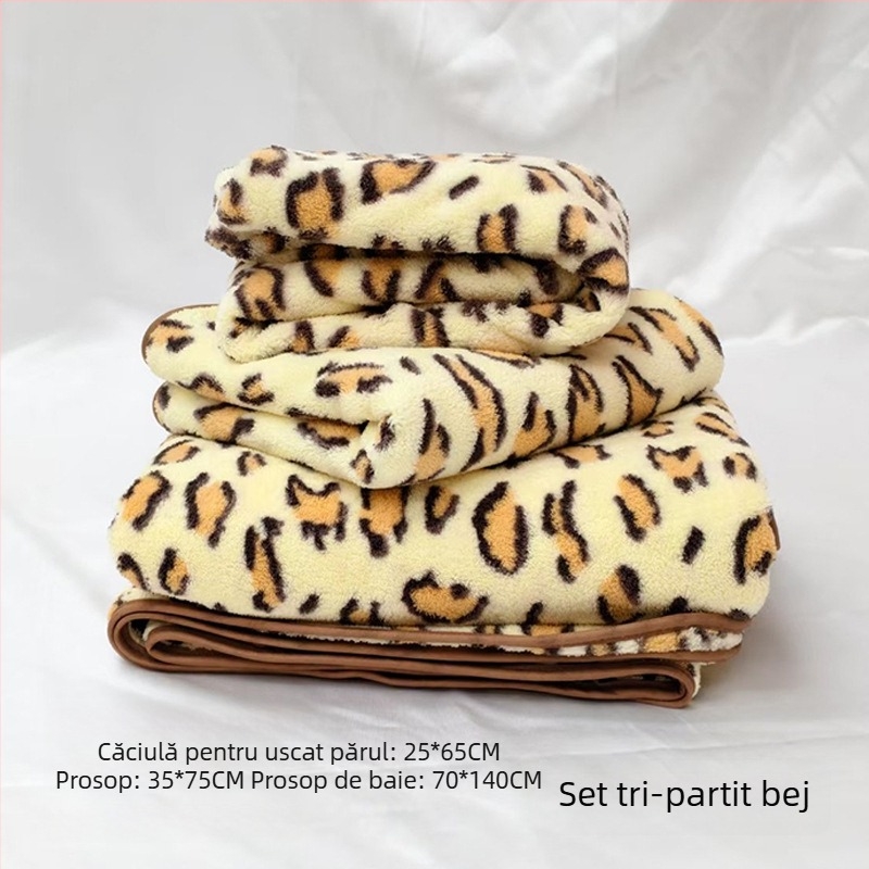 Prosop de baie din fleece coral cu imprimeu leopard, cu design de agățare, sub 100 g, 150D