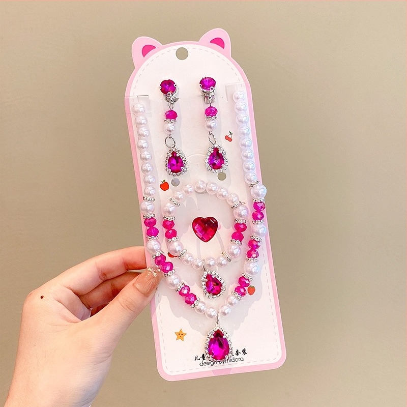 Set de bijuterii pentru copii: Colier, Brățară luminoasă, Cercei cu clips, Inel – Seria Prințesa, Material plastic/rășină, Vârsta 3-10 ani