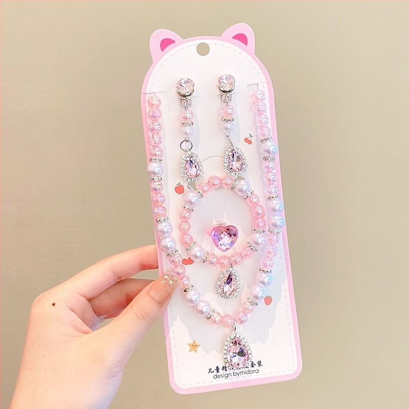 Set de bijuterii pentru copii: Colier, Brățară luminoasă, Cercei cu clips, Inel – Seria Prințesa, Material plastic/rășină, Vârsta 3-10 ani